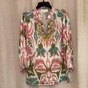 Resort ready Sheridan French beaded Ikat print tunic in pinks and green